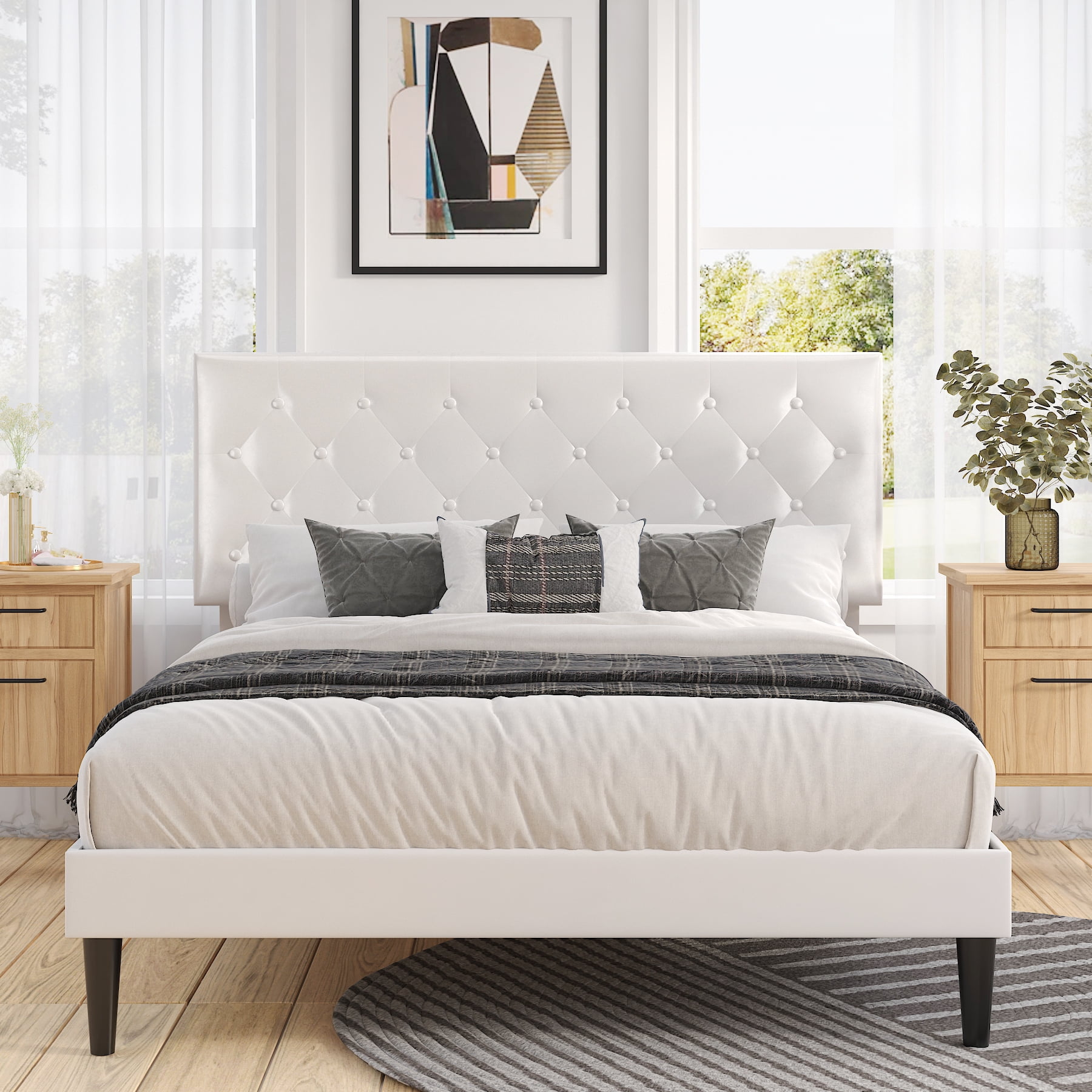 Sha Cerlin White Full Size Platform Bed Frame with Adjustable Leather Tufted Headboard, Mattress Foundation