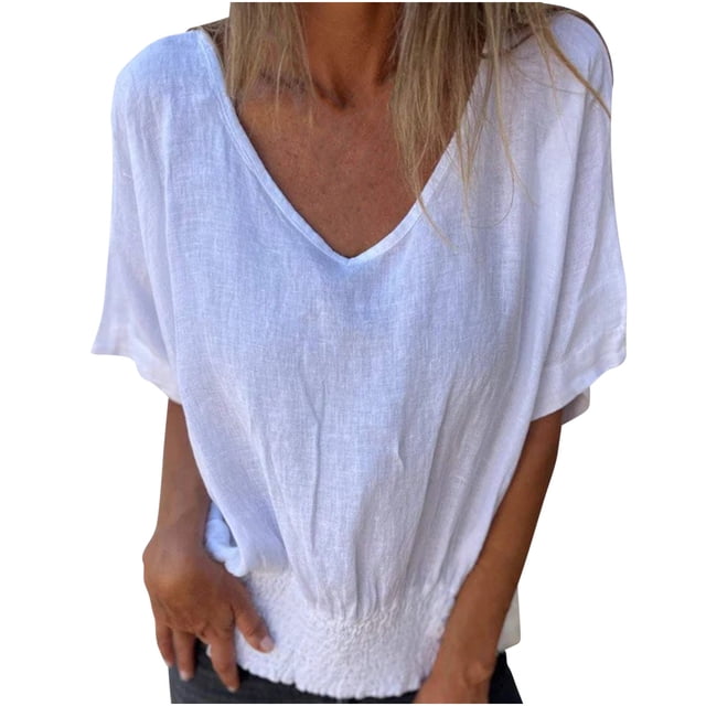 Timegard Tops for Tops V-Neck Short Sleeve Smocked Bottom Ruched Solid Color Blouse Casual Loose Tops