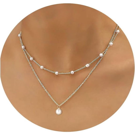 Gold Pearl Necklace for Women, 14K Gold Plated Layered Pearl Necklaces for Women Trendy Simple Herringbone Chain Pearl Necklace for Women Gold Jewelry Gifts