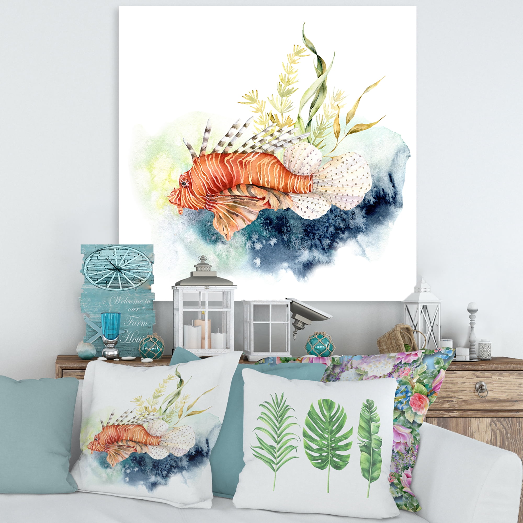 Designart ' Kelp and Lionfish With Coral Reef and Laminaria ' Nautical & Coastal Canvas Wall Art Print