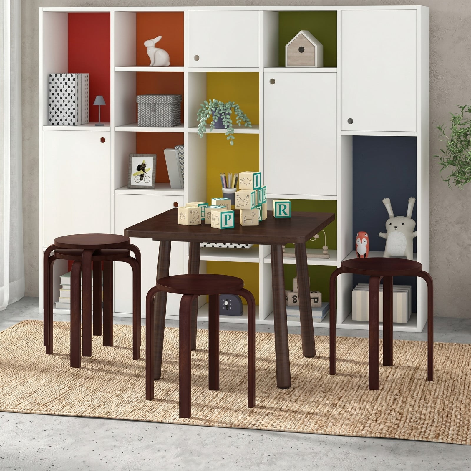 Furnibear Set of 4 Stackable Bentwood Dining Chairs, 18 Inch Round Top Solid Wood Kitchen Side Chairs, Space-Saving Backless Stackable Seats for Kitchen, Deep Brown