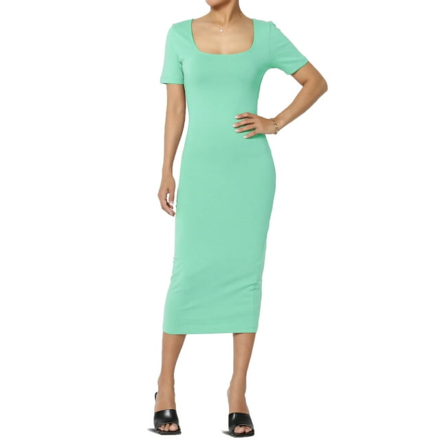 TheMogan Robe Midi Moulante Crayon en Coton Extensible à Manches Courtes et Encolure Carrée pour Femmes P-TG