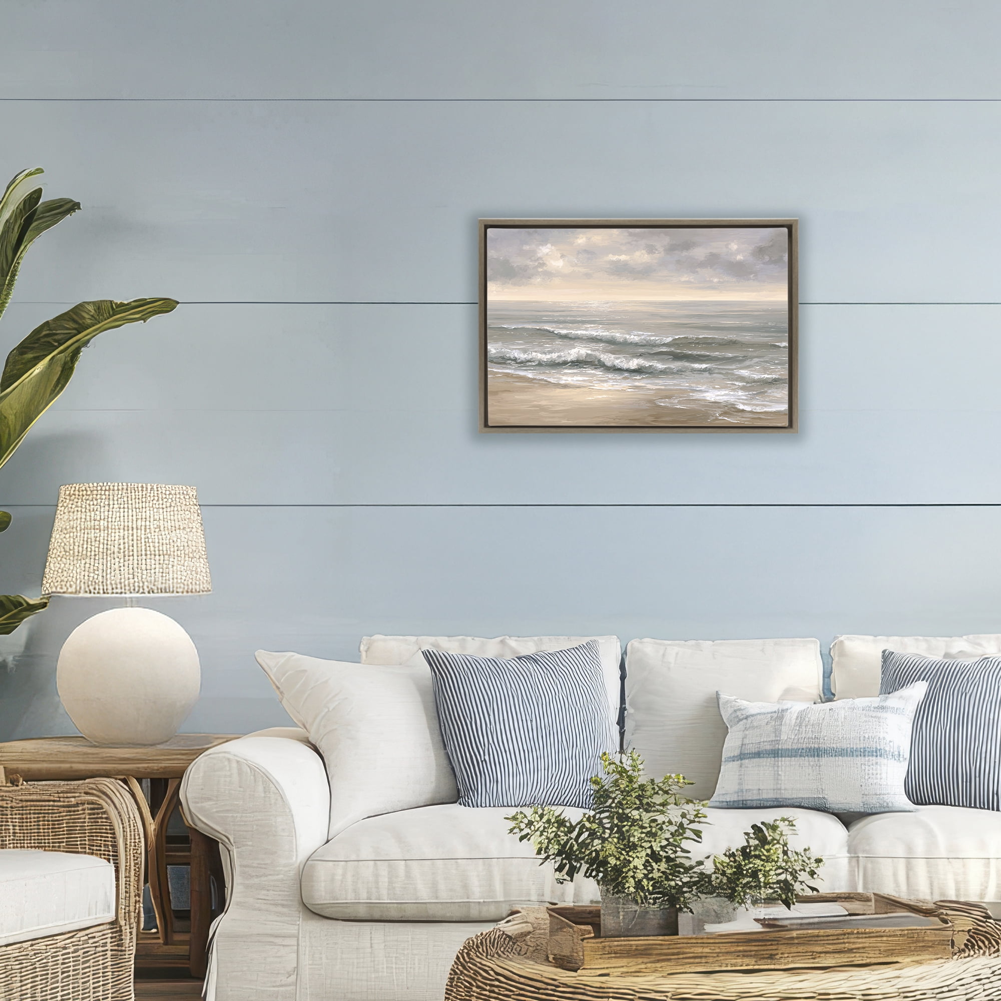 Stupell Industries Soft Rolling Beach Waves Brown Framed Floater Canvas Wall Art, design by Jacky Ngan