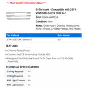Grille Insert - Compatible with 2019 - 2020 GMC Sierra 1500 SLT
