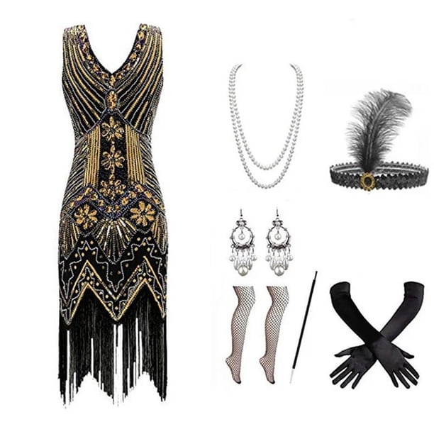 Vestido vintage de los años 20, vestido de fiesta con borlas y lentejuelas y cuentas para mujer