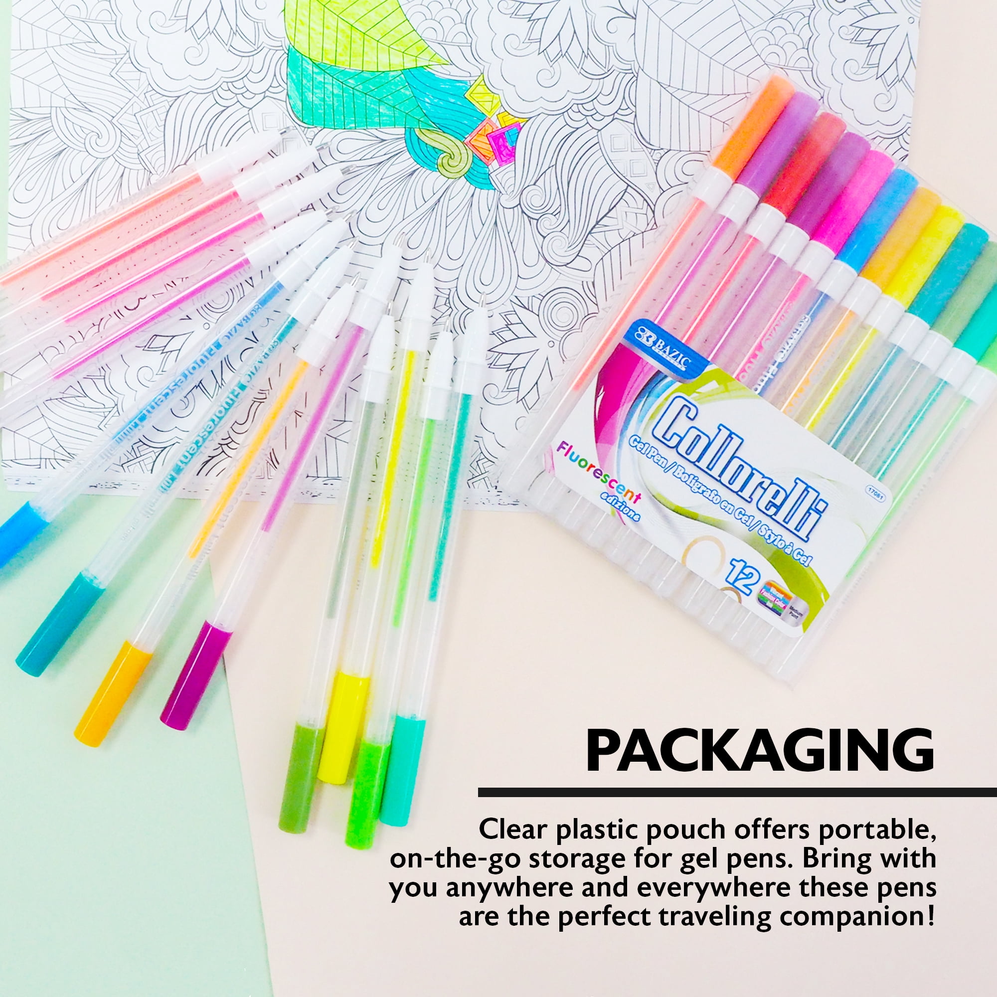 BAZIC Collorelli Gel Pen 0.8mm Neon Color, Smooth Write, (12/Pack), 24-Pack