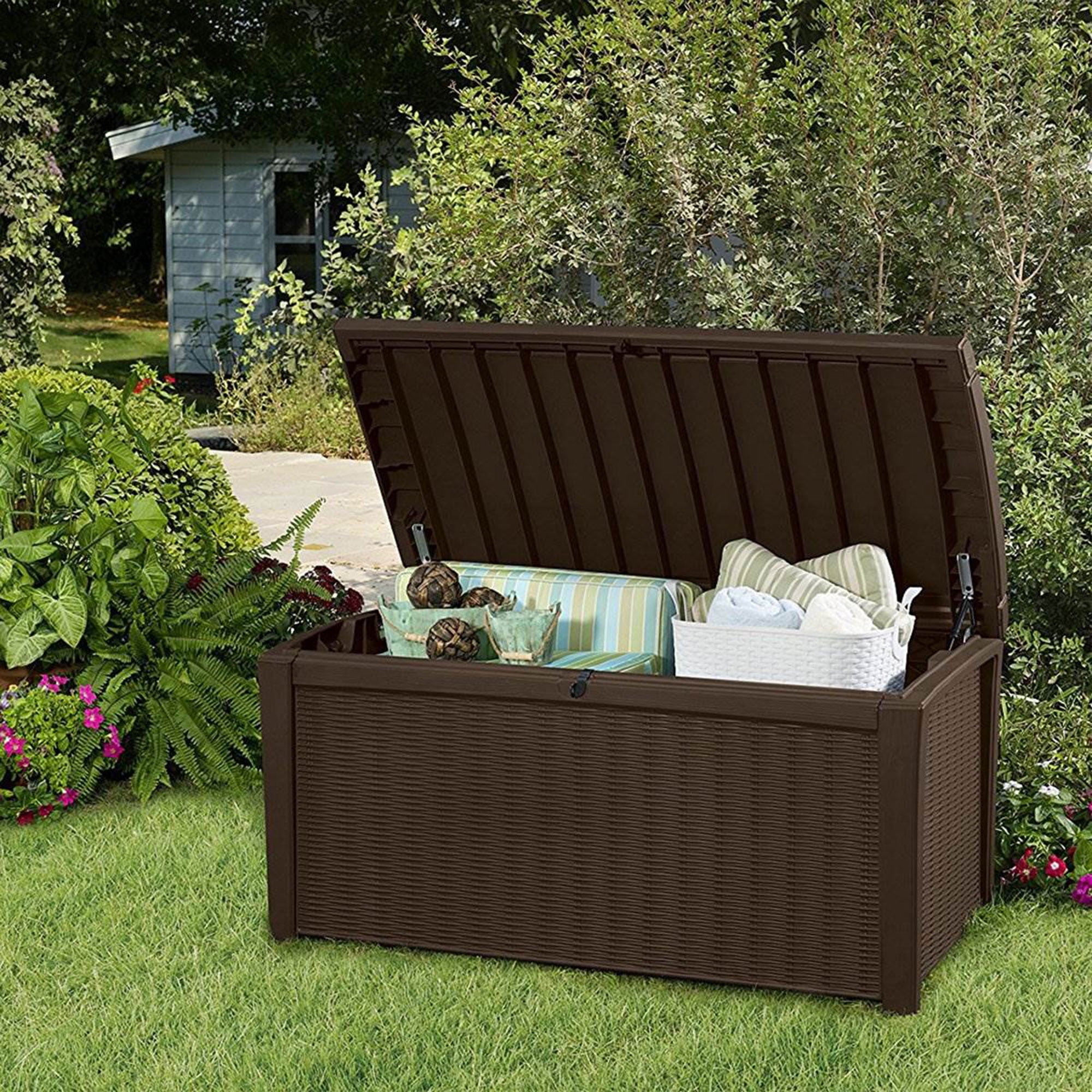 Keter Borneo 110 Gallon Rattan Wicker Resin Deck Storage Box Bench, Brown