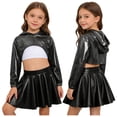 thumbnail image 6 of Hansber Kids Girls Hip Hop Dance Outfit Shiny Metallic Cropped Hoodie Sweatshirt Sports Bra and Skirt Set Black White 16, 6 of 6