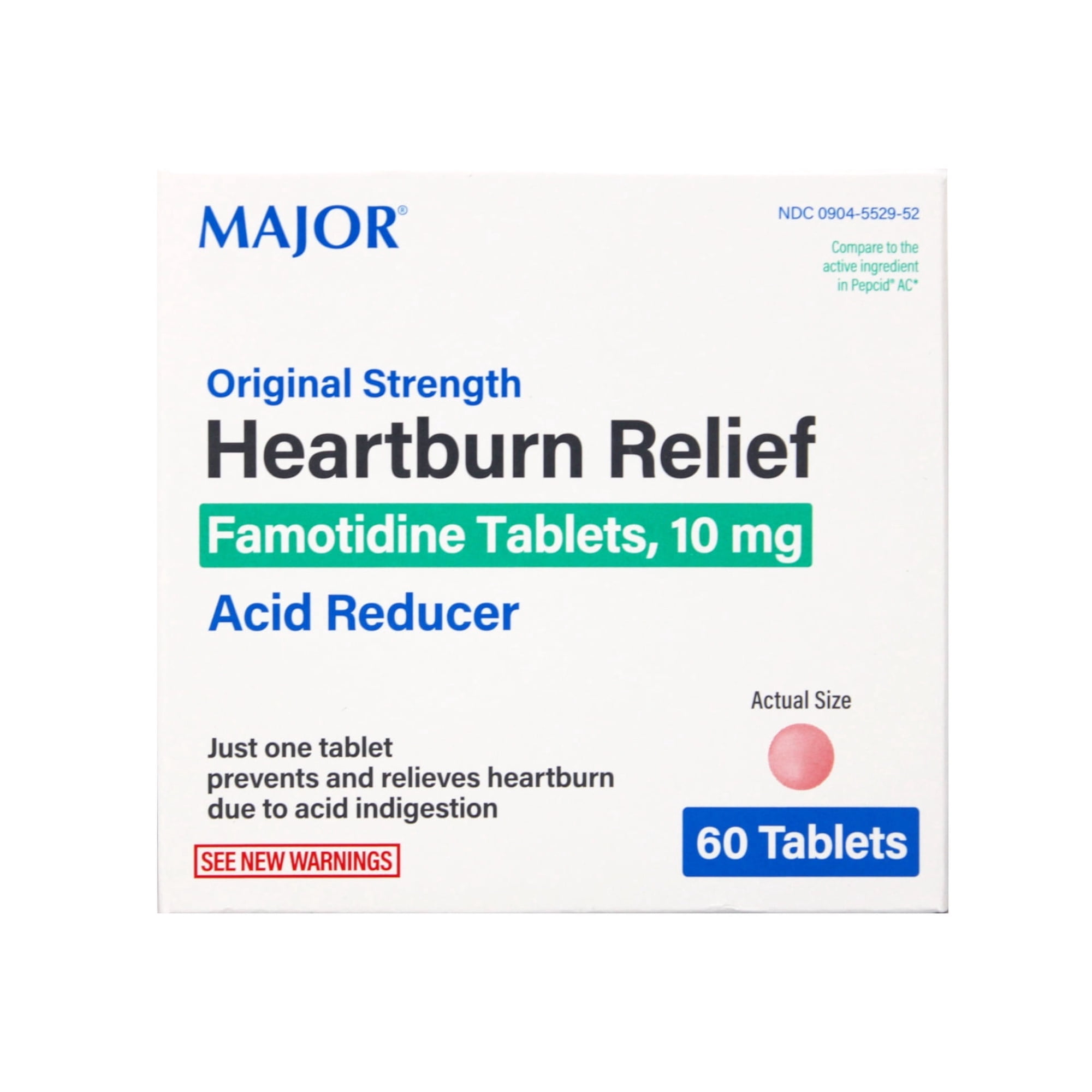 Major Heartburn Relief Original Strength Famotidine Tablets 10 mg Acid Reducer 60 Tablets