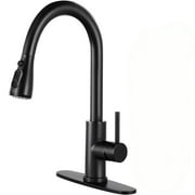 PHANCIR Kitchen Faucet with Pull Down Sprayer, High Arc Single Handle Kitchen Sink Faucets with Pause Button Premium with Deck Plate Suit to 1 or 3 Holes Black