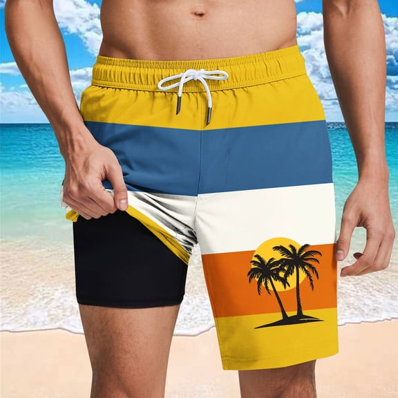 PNTUTB Summer Fashion Men's Striped Coconut Tree Print Elastic Drawstring Casual Lined Shorts with Pockets