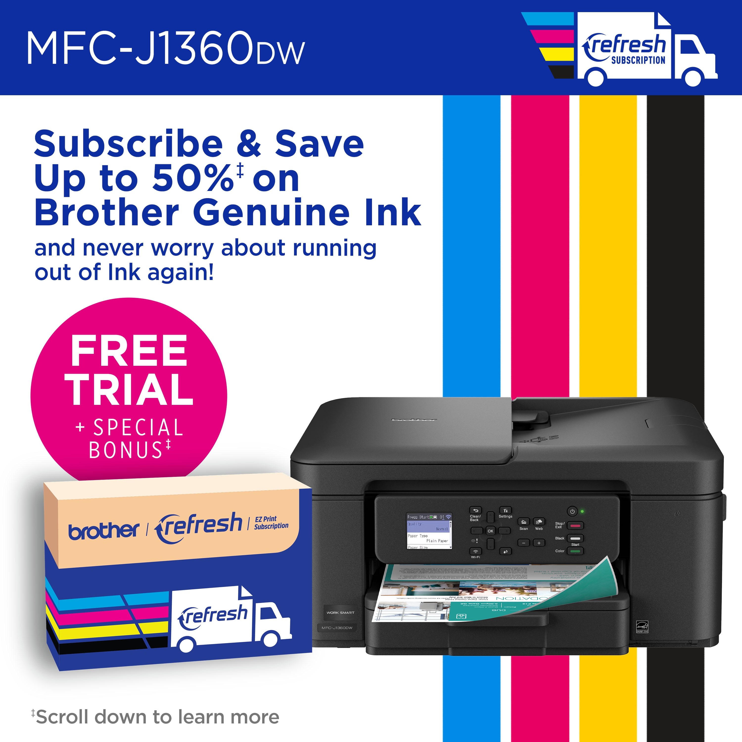 Brother MFC-J1360DW Work Smart Wireless All-in-One Color Printer – Prints on Both Sides, Copies and Scans Multiple Pages, Easy-to-Use Color Display