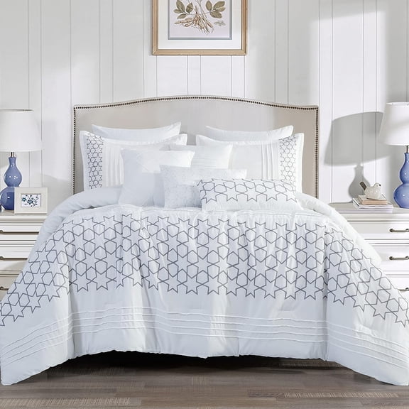 ESCA 7-Piece Kalet Grey & White Embroidery Comforter Set Breathable, All Season, Soft & Lightweight - King/Cal King Size