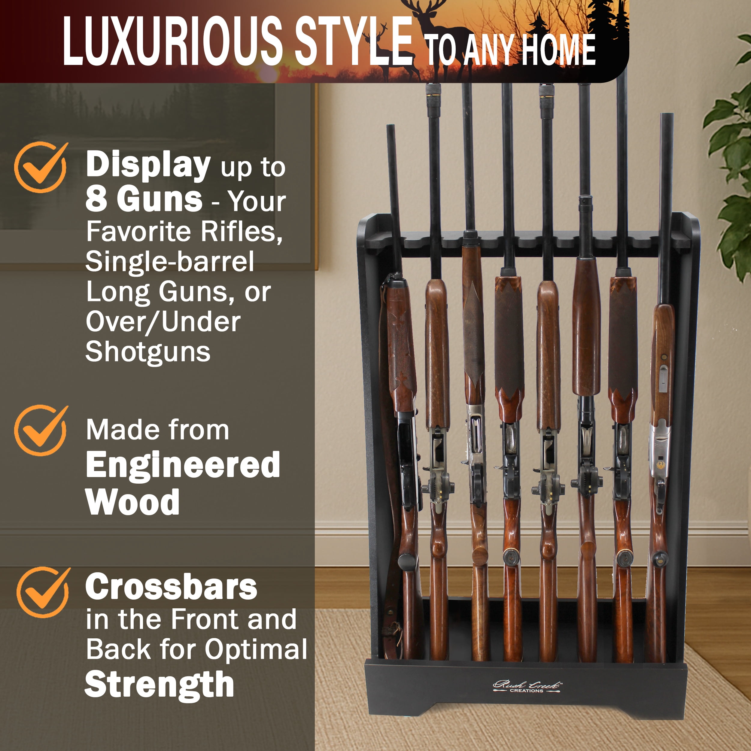 Rush Creek Creations Freestanding Indoor and Barn Wood 8-Gun Rack for Rifles or Shotguns, Gun Storage for 8 Real Guns, Alternative to Gun Safe for Rifles, Black