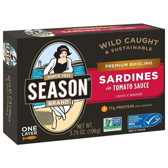 SEASON Brand Wild Caught Brisling Sardines in Tomato Sauce - 3.75 Oz, 12 Pack