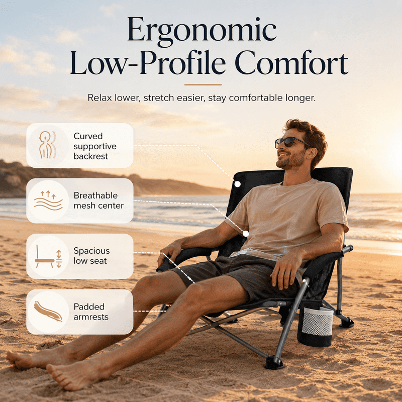 Simple Deluxe Folding Low Beach Chair for Adults, Lightweight Breathable Mesh Back & Storage Pockets Camping Chair with Cup Holder & Padded Armrests, 250 LBS Capacity, Lawn, Picnic, Sand, Black