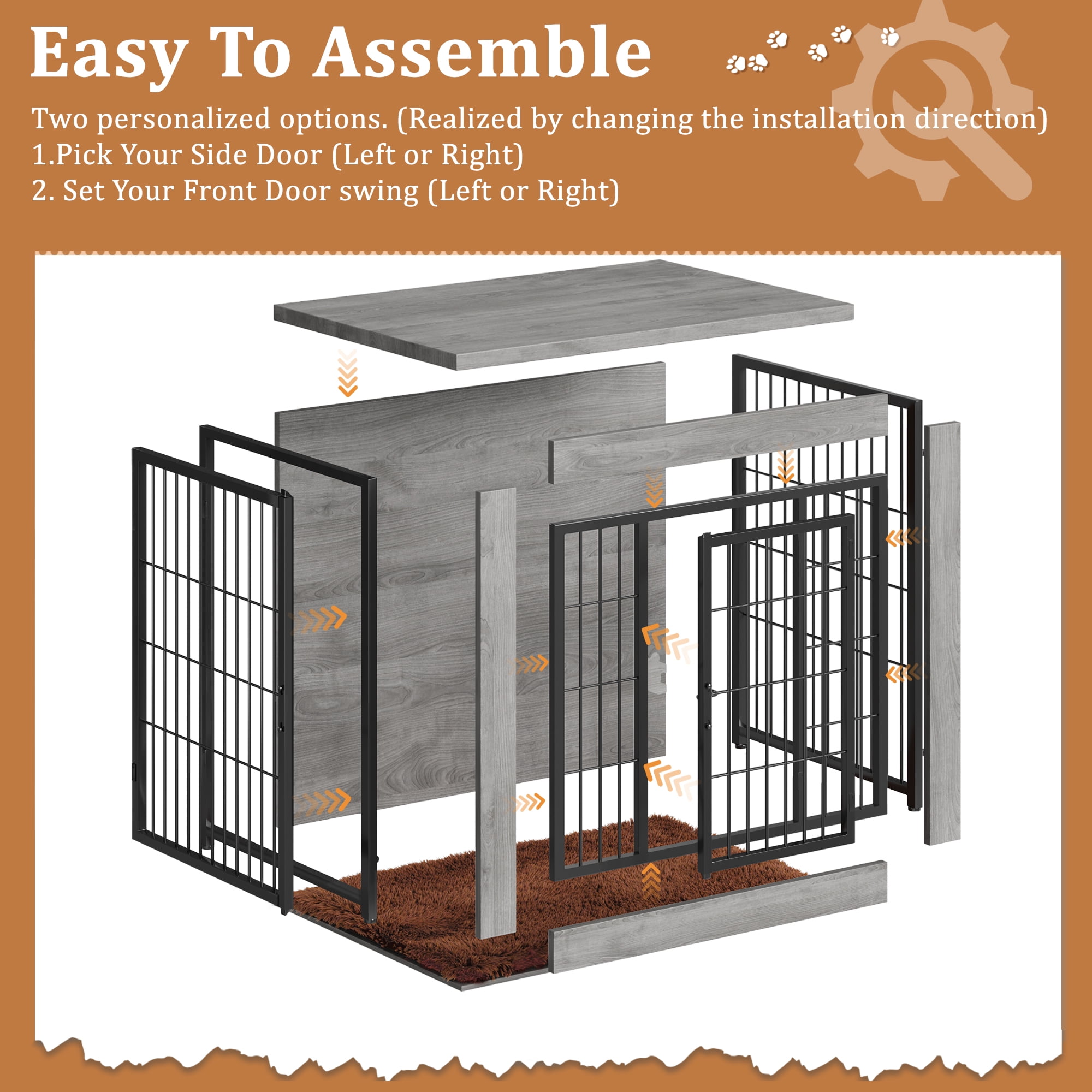 Furmax Wooden Indoor Dog Crate Furniture  with Double Doors and Thick Cushion,Gray