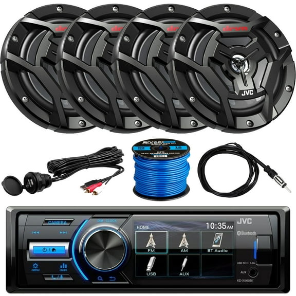 Marine/MotorSports Waterproof Digital Media USB AUX Bluetooth Stereo Receiver, 4 x 6.5" 2-Way 300W Coaxial Black Speakers, Radio Antenna, Auxiliary Interface Mount, Speaker Wire
