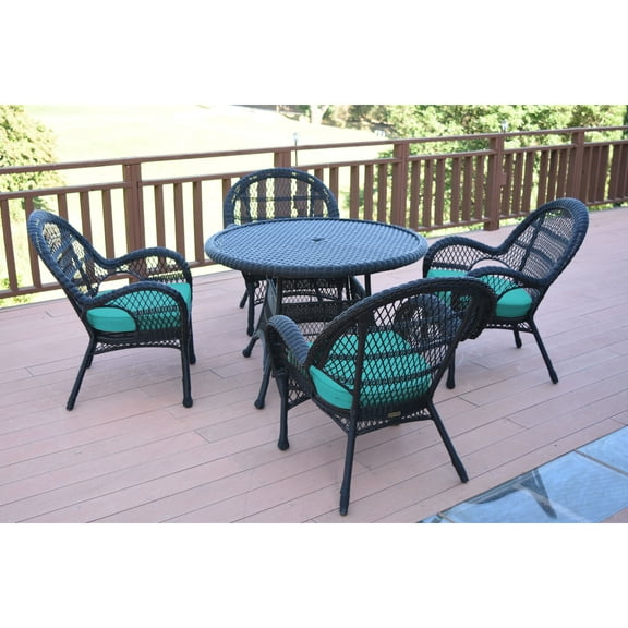 5-Piece Black Outdoor Furniture Patio Dining Set - Turquoise Blue Cushions