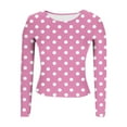 thumbnail image 6 of YOIAVAIOY Women Ribbed Knit Long Sleeve Shirts Slim Fit Basic Tee Casual Polka Dot Crew Neck Going Out Textured Tops Pink M, 6 of 6