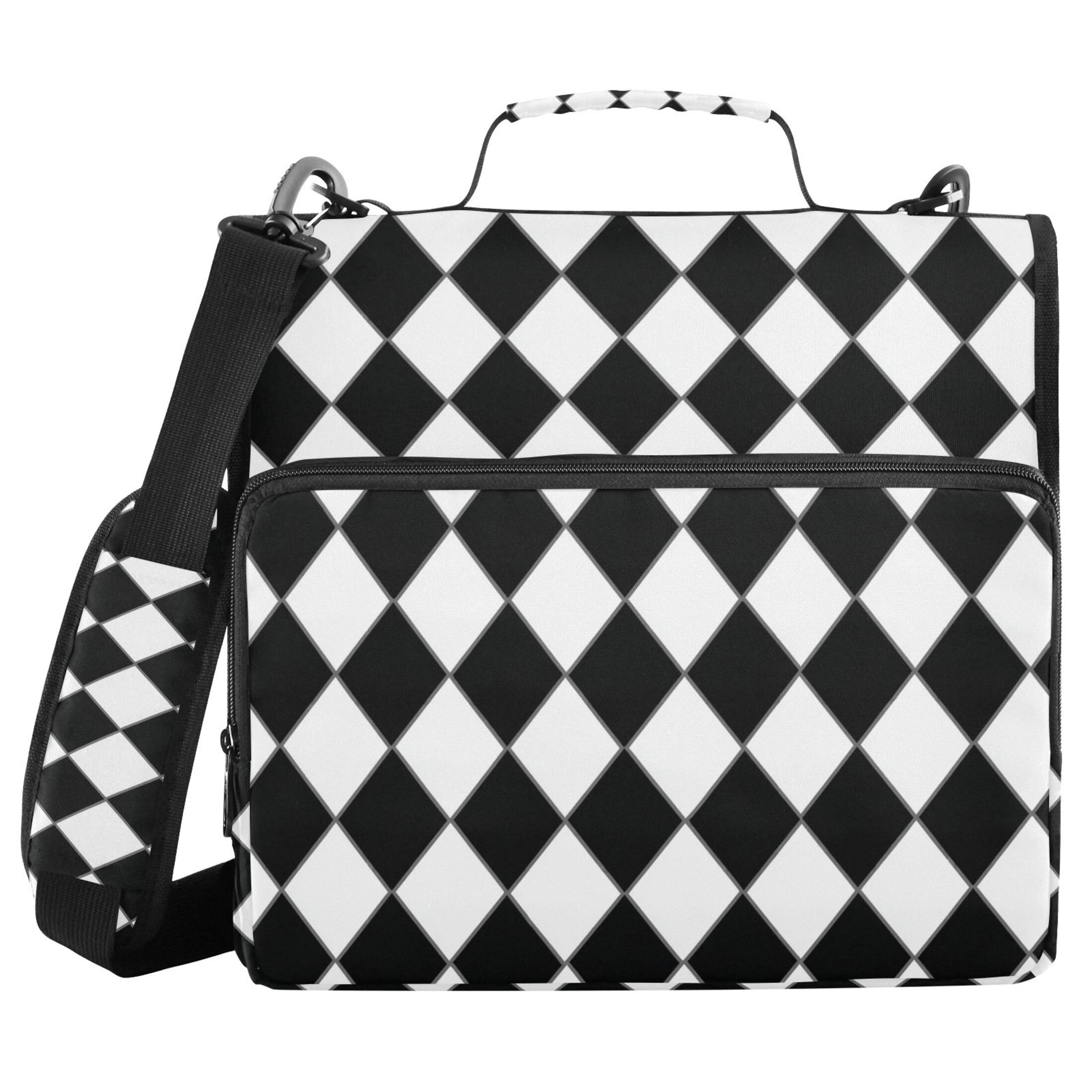Zipper Binder Diamond Black and White Grid 1.5 Inch Binder Folder Bag with Shoulder Strap and Handle