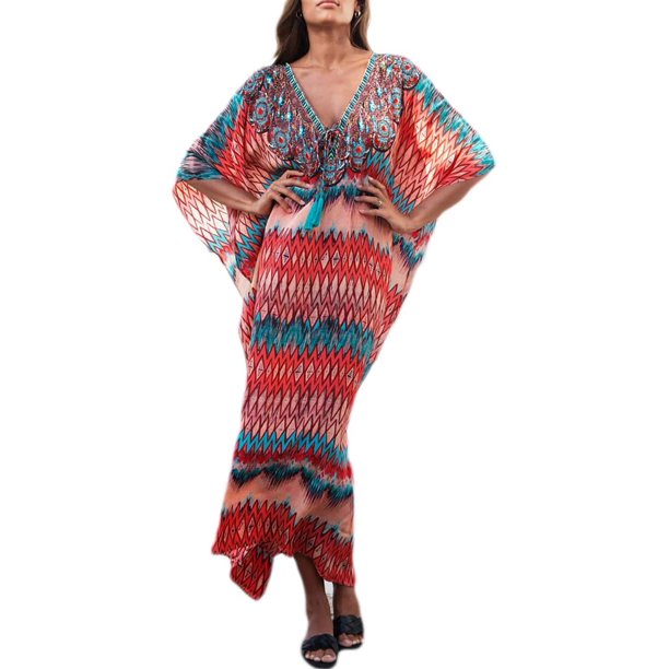 Xishao Mujer Kaftan Vestido Fuera del Hombro Caftan de Playa Cover Up Maxi Vestido Traje de Baño Estampado A-Estampado 1 A-Estampado 1 Xishao ropa