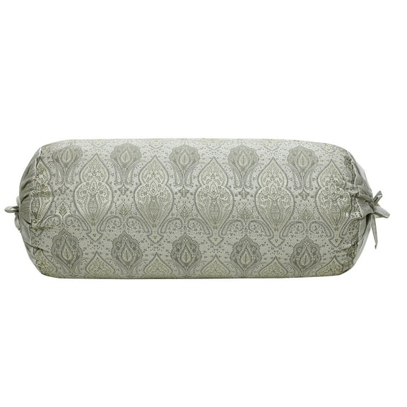 Stylo Culture Indian Tubular Brocade Bolster Pillow Cover Grey Floral Silk Jacquard Weave Round Yoga Pillow Traditional Damask Decorative Cushion Cover - (76x38 cm) | 1 Pc (Cover Only)