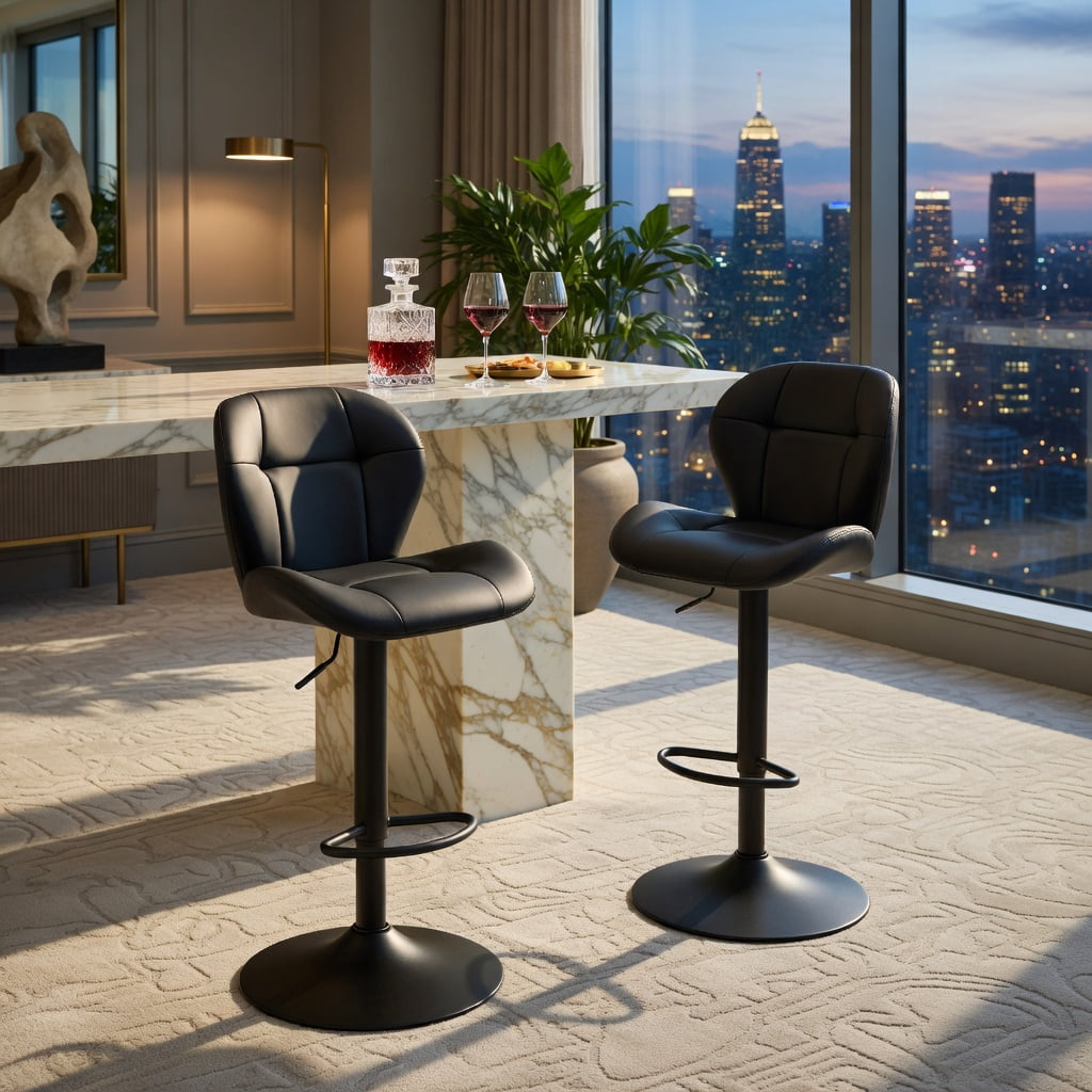 Hommoo 2-Pack Height-Adjustable Bar Stools with Tufted PU Upholstery, Metal Frame & Footrest, Ideal for Kitchen Islands, Home Bars & Pubs, Black