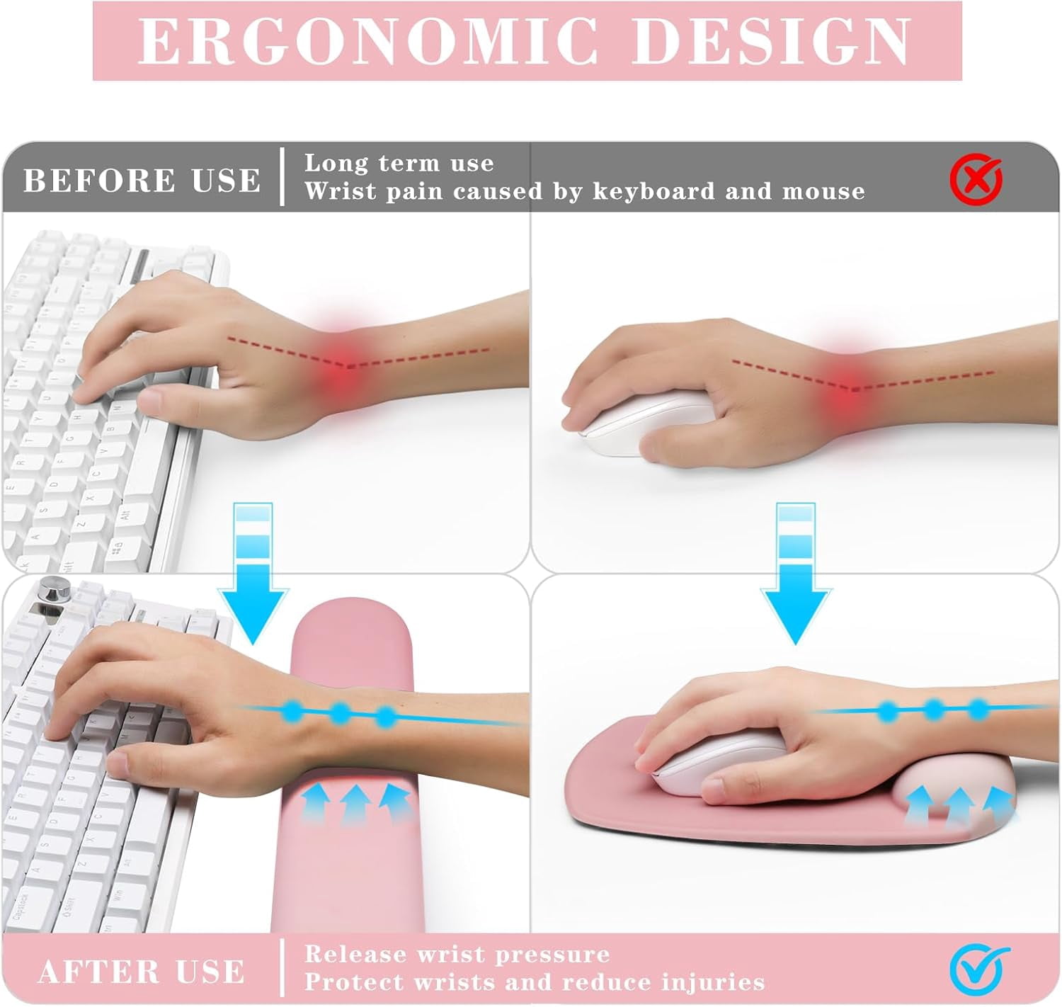 Wrist Rest for Keyboard and Mouse, Ergonomic Gel Computer Keyboard Wrist Rest with Memory Foam, Keyboard Wrist Support Pad for Long Hours of Work, Gaming, Studying-Relieve Wrist Pain (GD-Pink)