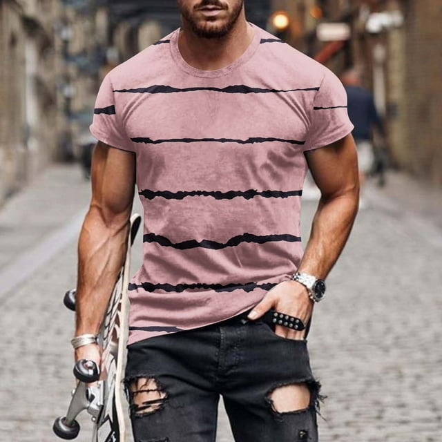 Qertyioot Chemises Hawaïennes pour Hommes en Solde, Col Rond Rayé Imprimé Pull Entraînement Physique Manches Courtes