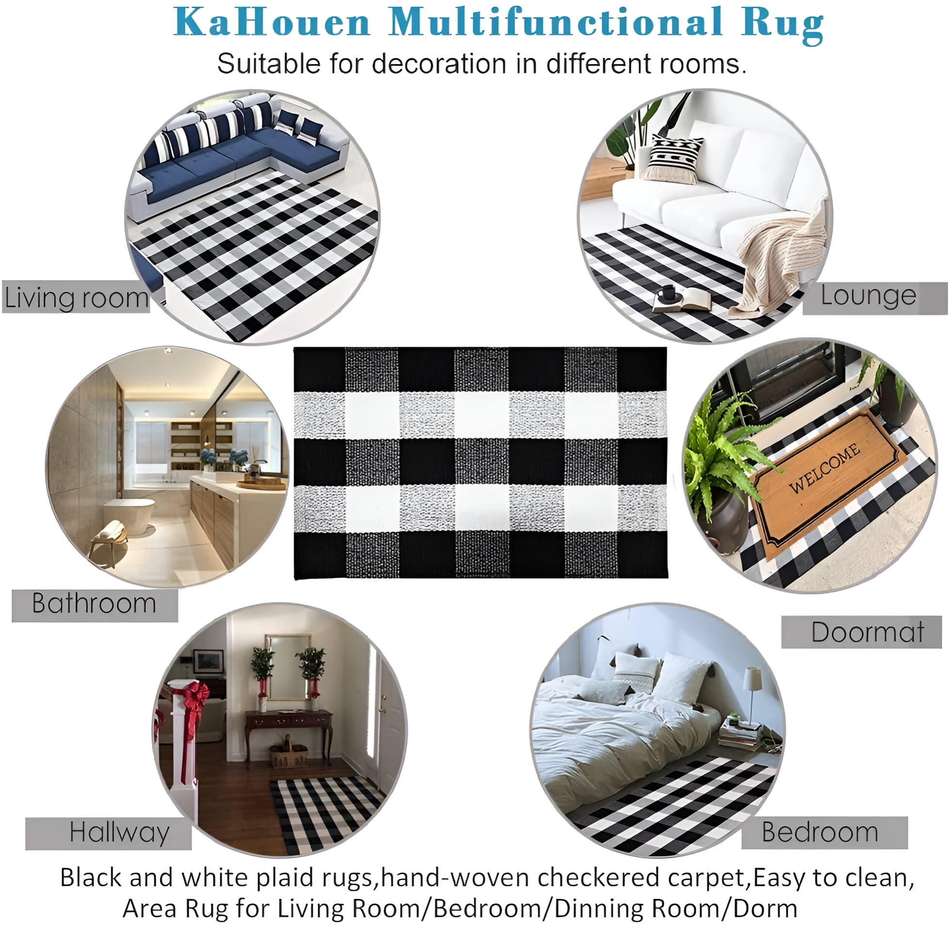KaHouen Buffalo Plaid Rug, Buffalo Check  Area Rug 67"x90", Cotton Hand-Woven Washable Indoor Outdoor Area Rug Farmhouse、Dining Room、Bedroom、Living Room Rug (5.5X7.5 ft Black White  Area Rug)