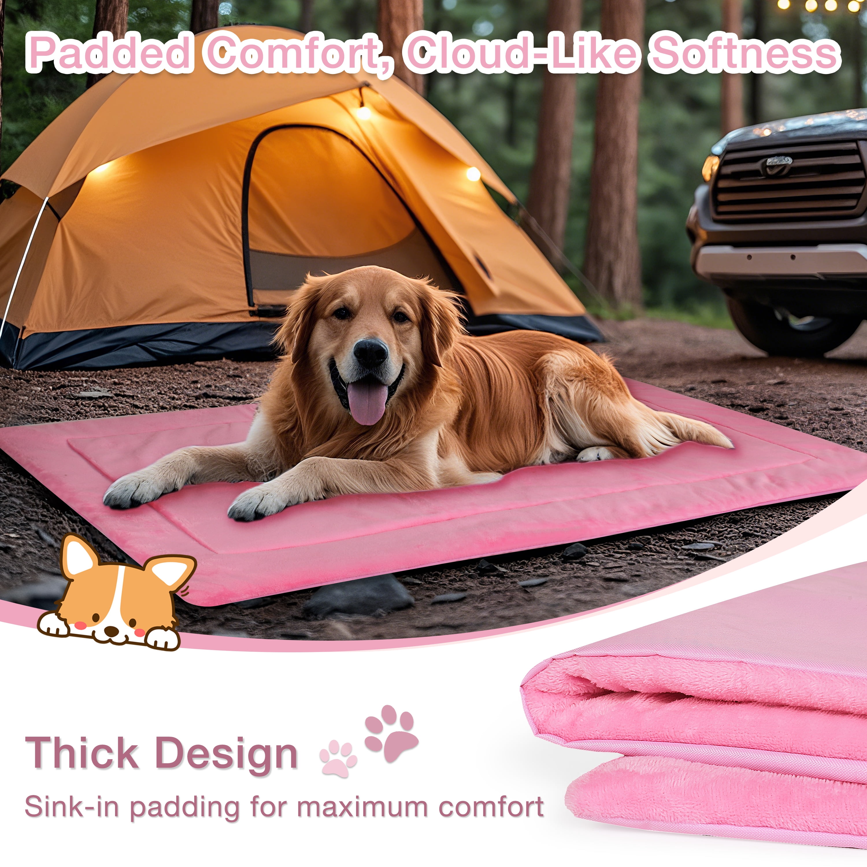 Kritter Planet Reversible Waterproof Foldable Dog Bed Pad for Camping & Travel, Portable Roll-Up Dog Bed Car Seat Pet Cushion Mat with Handles for Small & Medium Dogs, Indoor & Outdoor Use