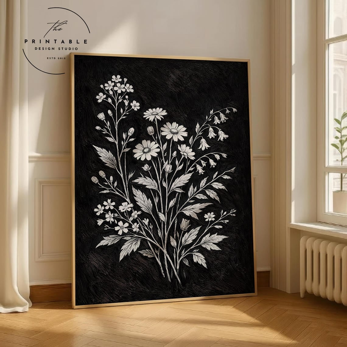 Dark Wildflower Botanical Wall Art Black White Daisy Moody Floral Print Gothic Bedroom Decor Minimalist