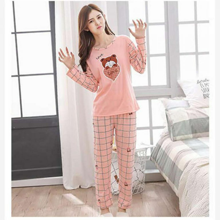 Ladies Pajamas Spring and Autumn Cute Animal Women's Long Sleeve O-Neck  Pullover Large Size Home Service Set(Heart,M)