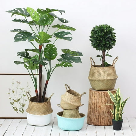 White Rattan Basket SUPERHOMUSE Handmade Rattan Weave Basket Hanging Flower Pot Plantpot Foldable Storage Basket Home Storage Decor ()