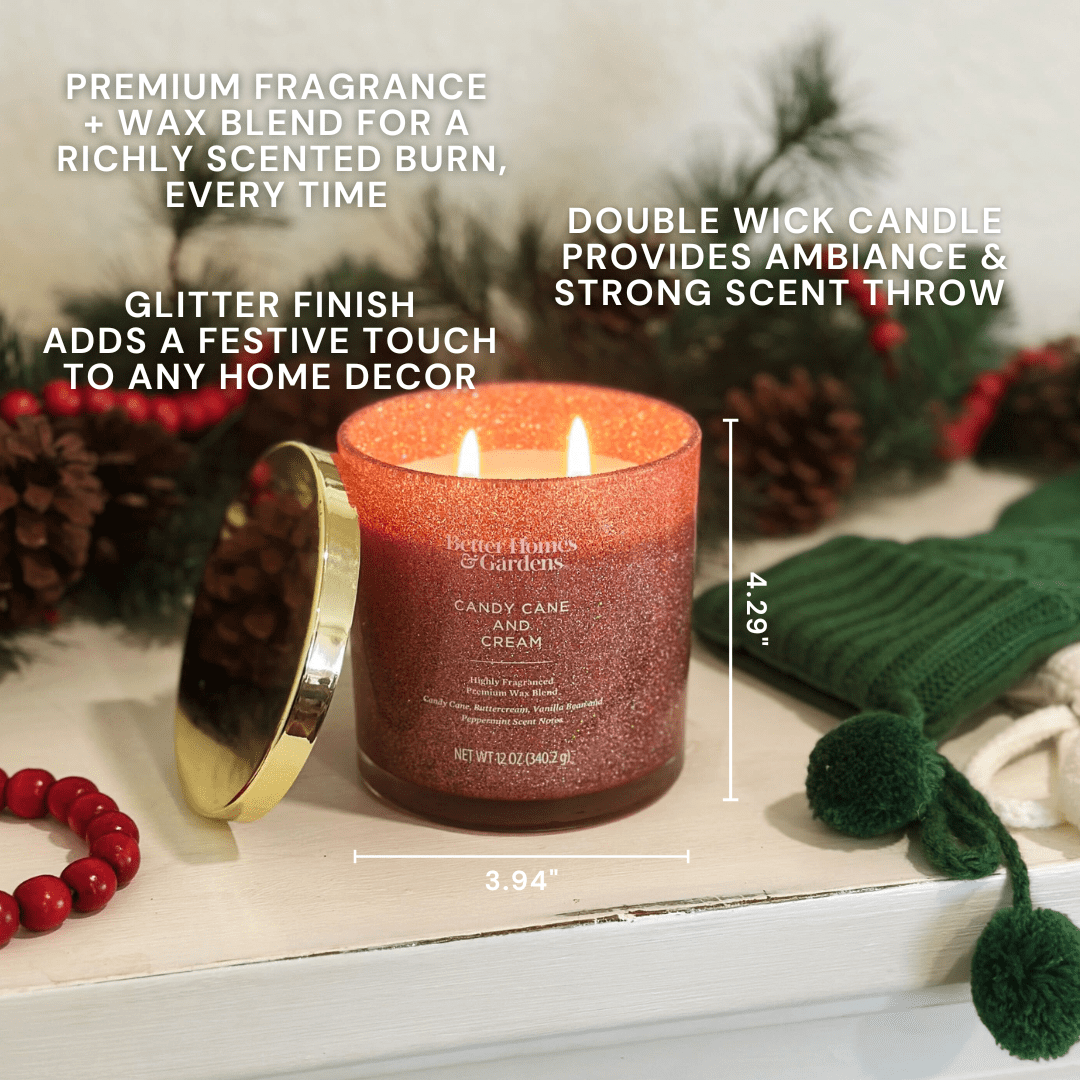 (2 pack) Better Homes & Gardens Candy Cane & Cream Scented 2 Wick Glitter 12oz Jar Candle