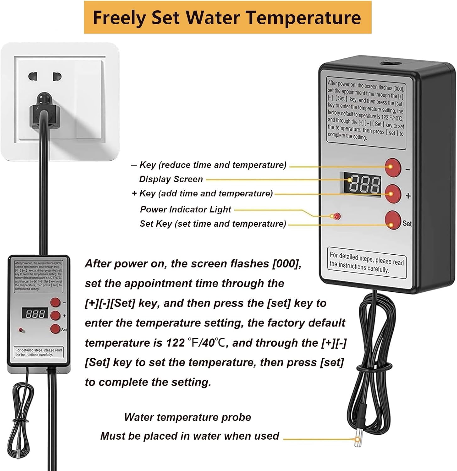 Immersion Water Heater with Thermostat,2000W Heater for Inflatable Above Ground Swimming Pool, Portable Submersible Bucket Heater, Bathtub Electric Water Heater with  Stainless Guard