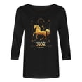 thumbnail image 4 of Uootdi Womens Tops 3/4 Sleeve Crewneck Year Of The Horse Print Festival Celebrations Family Dinners Tees Blouses Sweaters Gift, 4 of 5