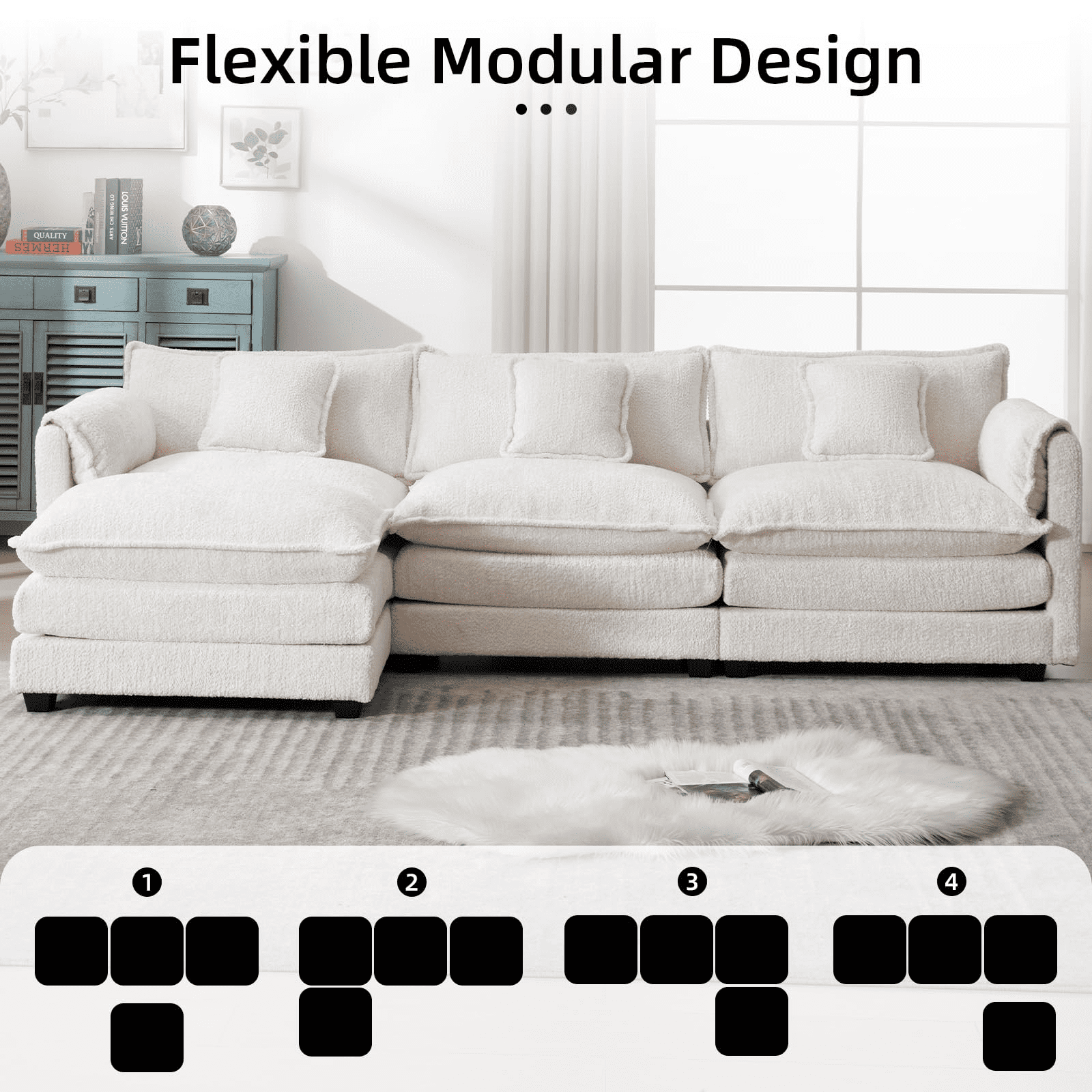 GNIXUU 112" Oversized Sectional Sofa Cloud Couch for Living Room, Modern Chenille L Shaped Couch, Comfy Boucle Modular Sofa Sleeper with Moveable Ottoman & Memory Foam (Beige)