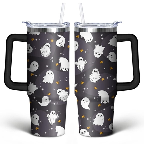 Dark Halloween Night Tumbler 30oz - Skull Witch Bat Pattern - Double Wall Insulated Leak-Proof Travel Mug