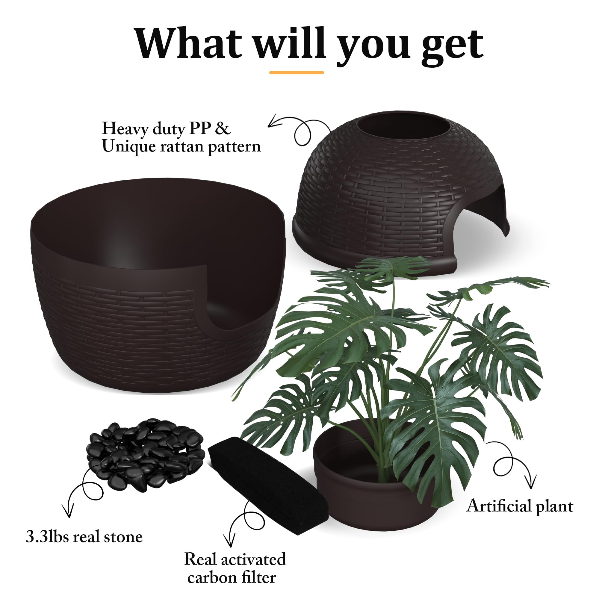 Hidden Litter Box with Faux Plant, Cat Litter Box Furniture with Rattan Pattern for Large Cat, Carbon Filter, Easy Assemble & Clean, Brown