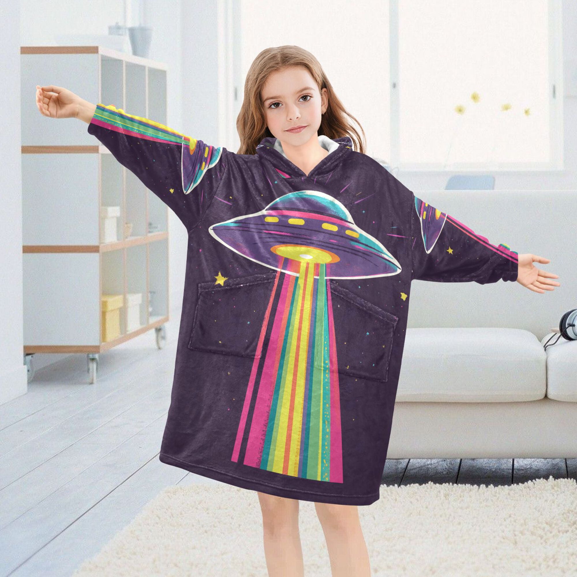 FORMRS Wearable Blanket Hoodie with Sleeves for Kids Cozy Flannel Sweatshirt, Colorful UFO