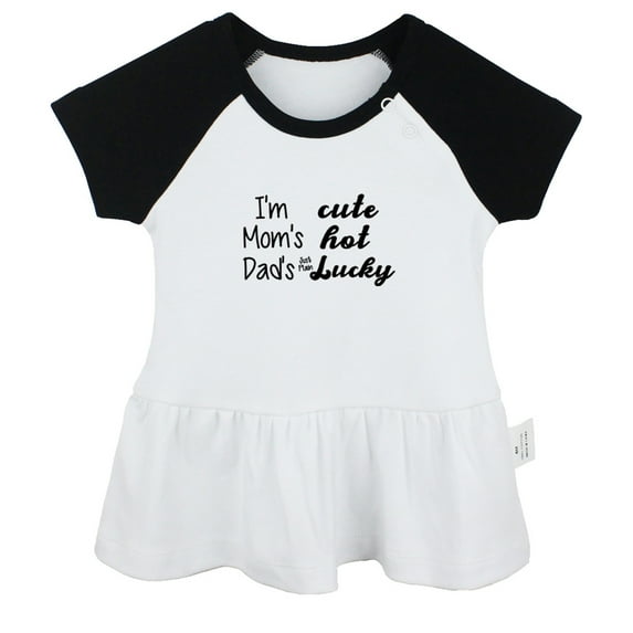 I'm Cute, Mom's Hot, Dad's Just Plain Lucky Funny Dresses For Baby, Newborn Babies Skirts, Infant Princess Dress, 0-24M Kids Graphic Clothes (Black Raglan Dresses, 6-12 Months)