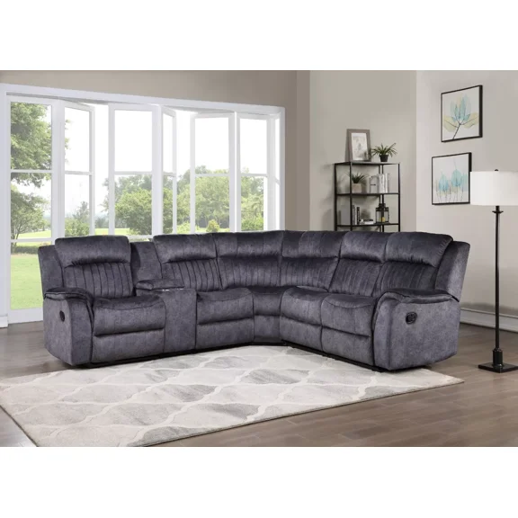 Living Room Modular Sectional Sofa Manual Reclining Sofa with Storage Console and Cupholders, Blue Gray