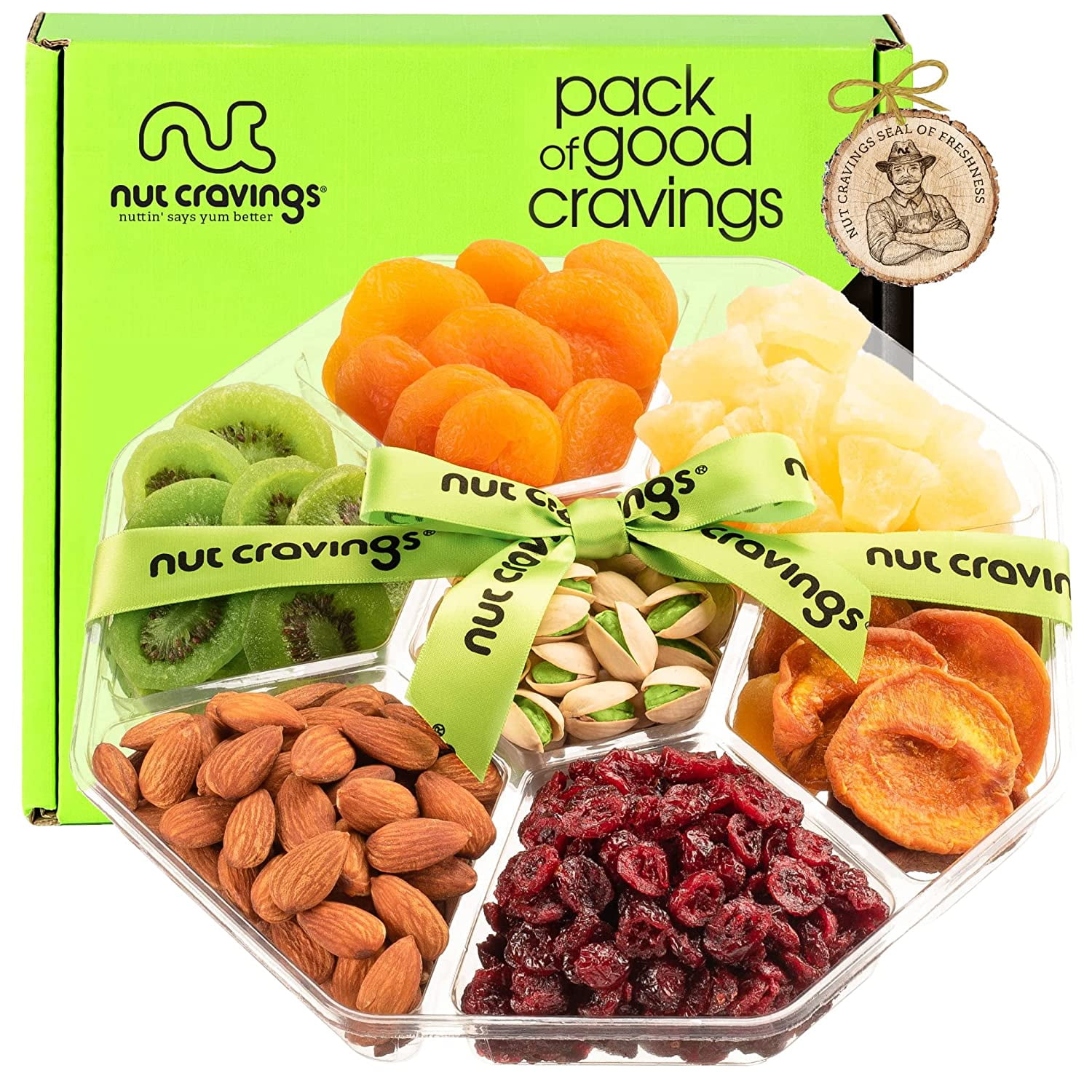 Dried Fruit & Nuts Gift Basket + Green Ribbon (7 Assortments, 1 LB) Premium Fathers Day