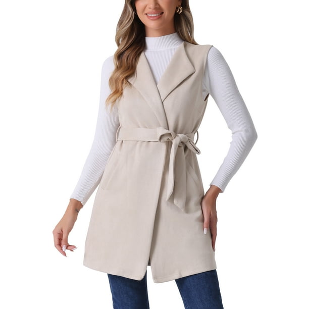 INSPIRAR CHIC Chaleco de Mujer de Ante Sintético Sin Mangas con Cinturón en la Cintura, Chaleco Blazer Largo Abierto en Color Beige