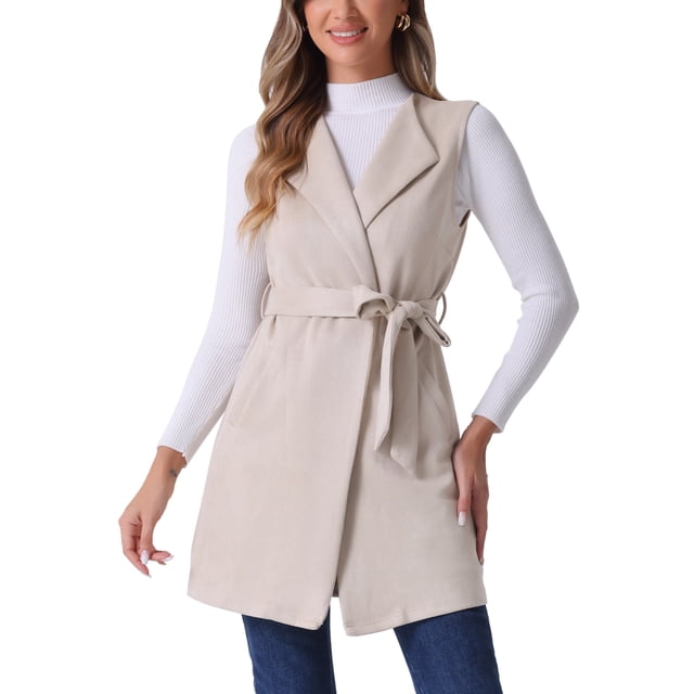 INSPIRAR CHIC Chaleco de Mujer de Ante Sintético Sin Mangas con Cinturón en la Cintura, Chaleco Blazer Largo Abierto XS Beige