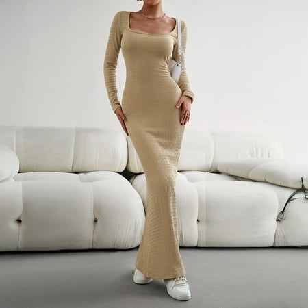 Cyglowse Wedding Guest Dress Prom Dress Square Neck Club Dress Long Sleeve Elegant Formal Dress Bodycon Dress Work Dress Corset Flowy Beach Dress Maxi Dress For Women Khaki L