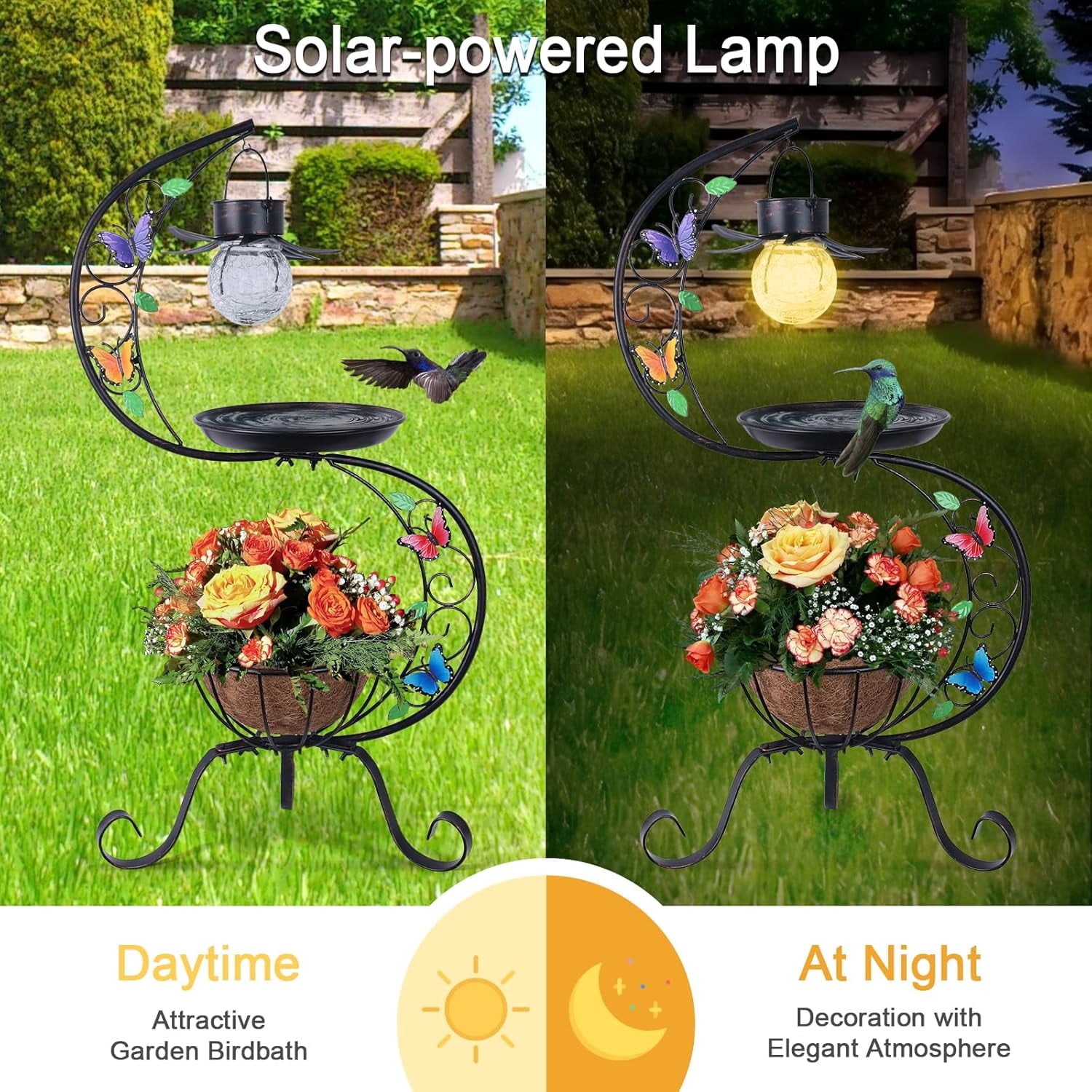 Bird Bath for Outside with Solar Lamp, Metal Birdbaths for Outdoors with Flower Planter Pedestal, Vintage Birdbath for Garden Yard Patio Lawn Decor