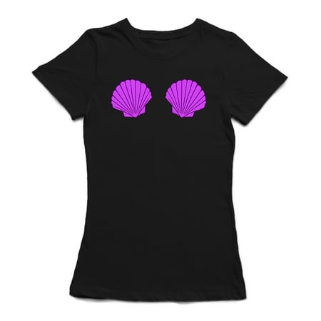 

Purple Mermaid Shells As A Bra Graphic Women Black T-Shirt Female Medium